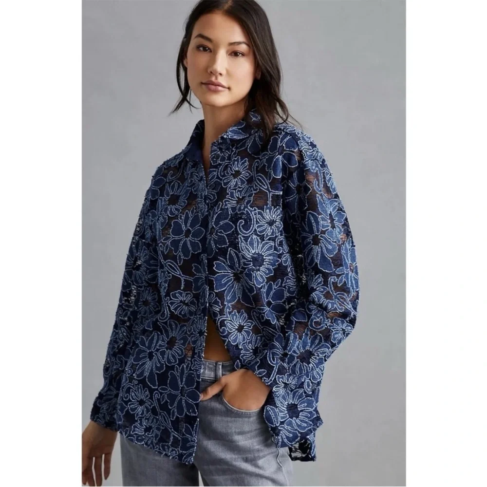 Pilcro Anthropologie Navy Blue Sheer Lace Button Down Shirt Size XS